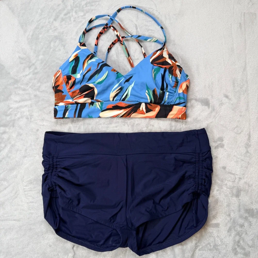 CALIA Womens Blue Floral Bikini Top and Navy Ruched Swim Shorts Set Size L